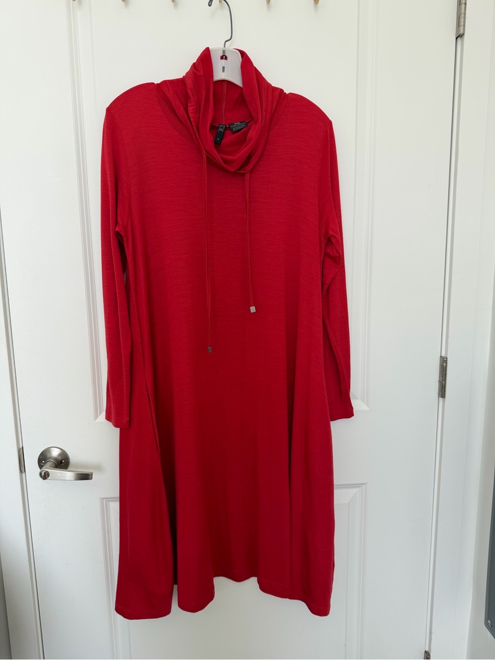 Foil 100% Merino Wool Cowl Neck Dress Red Size M Pockets Drawstring A-Line Knit